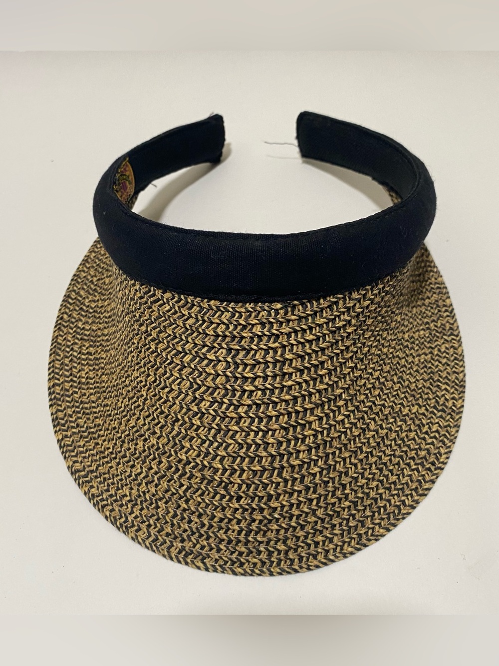 SCALA Collezione Woven Straw Visor Sun Hat Tan Black Headband One Size